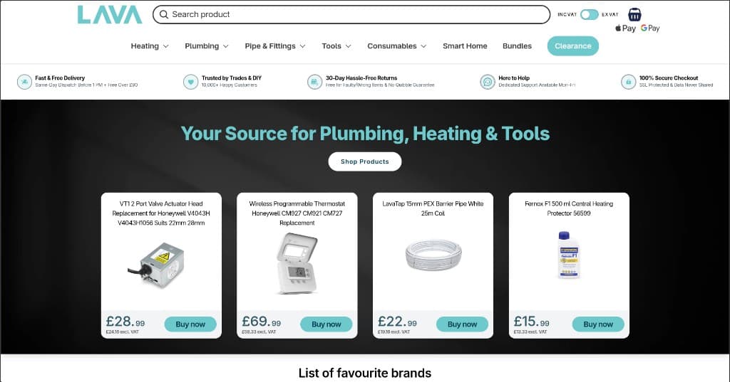 Screenshot of LavaStore - UK Plumbing and Heating Supplies